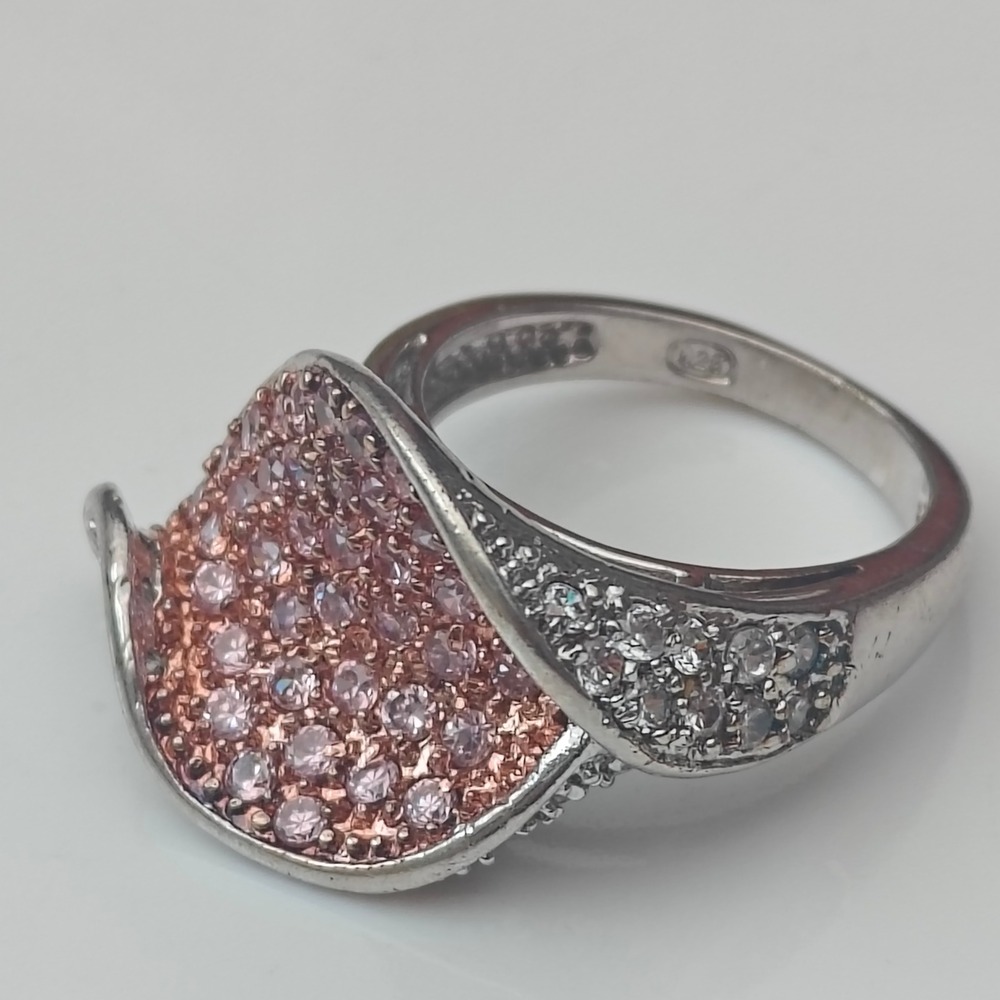 925 Sterling Silver Pink Rose Gold Cubic Zirconia Wave Cocktail Ring Size 5.5